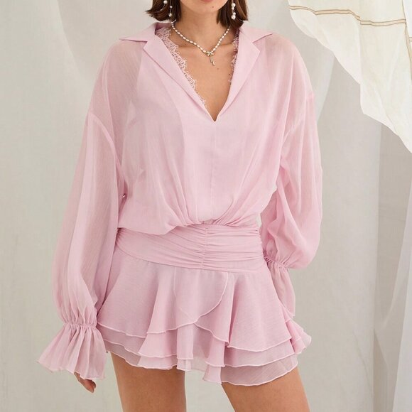 Pink Casual Women's Romantic Lace Cowl Neck Drop Shoulder Long Sleeve Mini Dress - Picture 6 of 7